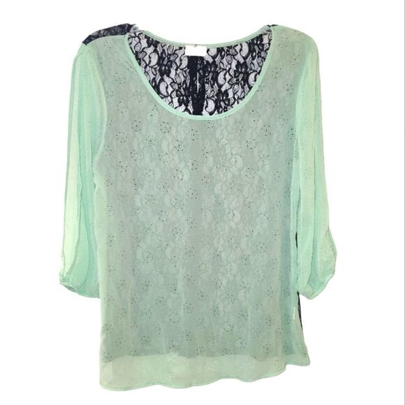 Mint Green Black Lace Backed Sheer Blouse - Picture 1 of 11